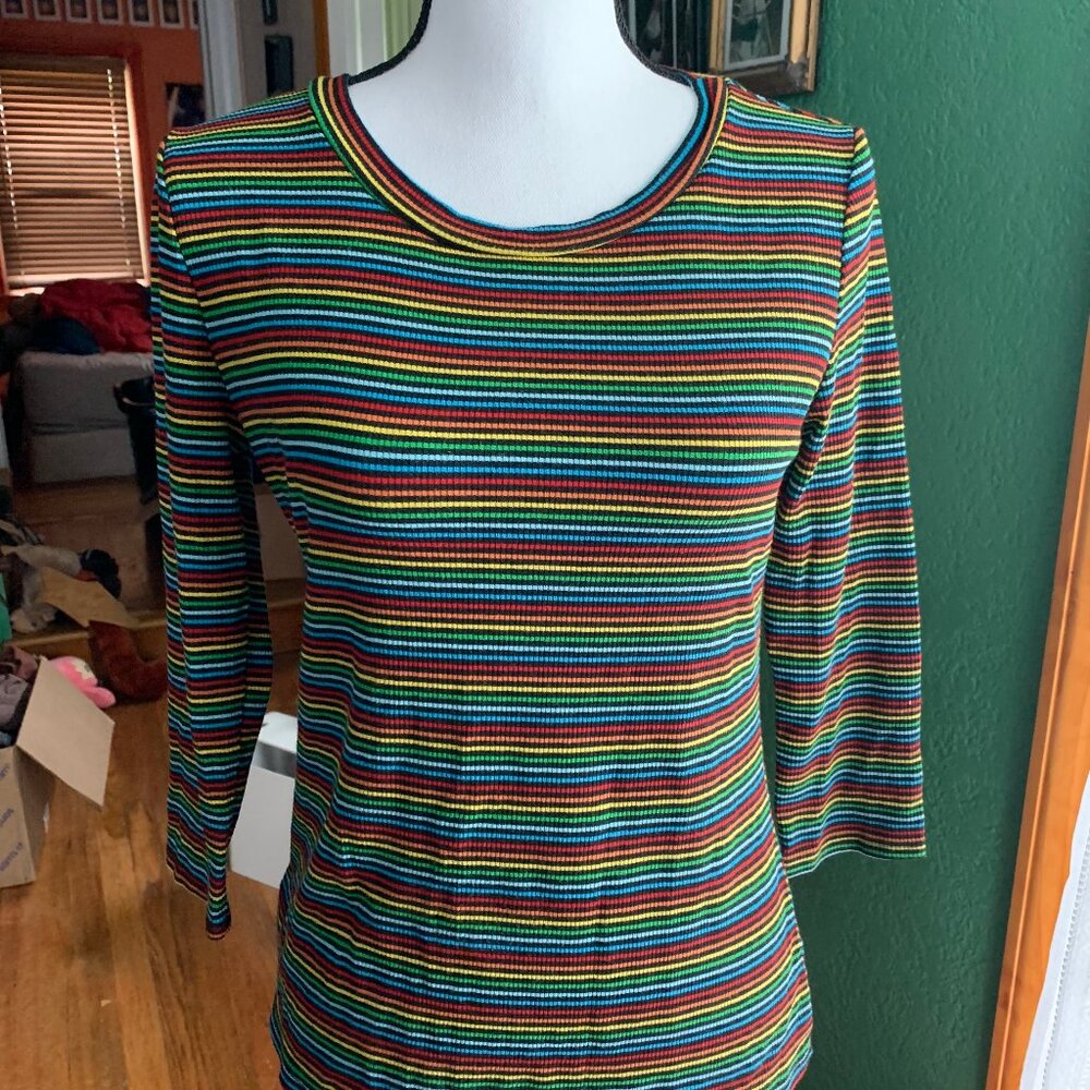 Vintage Rainbow Stripe Ribbed Knit 3/4 Sleeve Top M